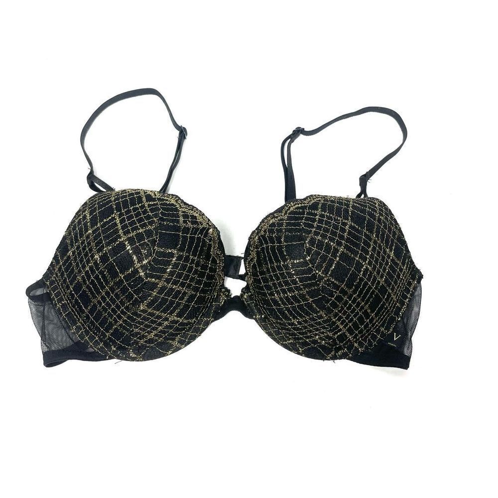 Victoria’s Secret Black Lace Gold Sparkle Push Up Bra Women Size 34B NWOT